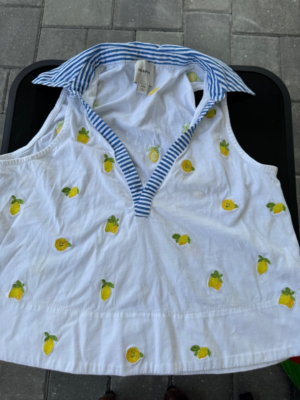 Maeve White Sleeveless Top with Yellow Lemon Embroidery and Blue Striped Collar